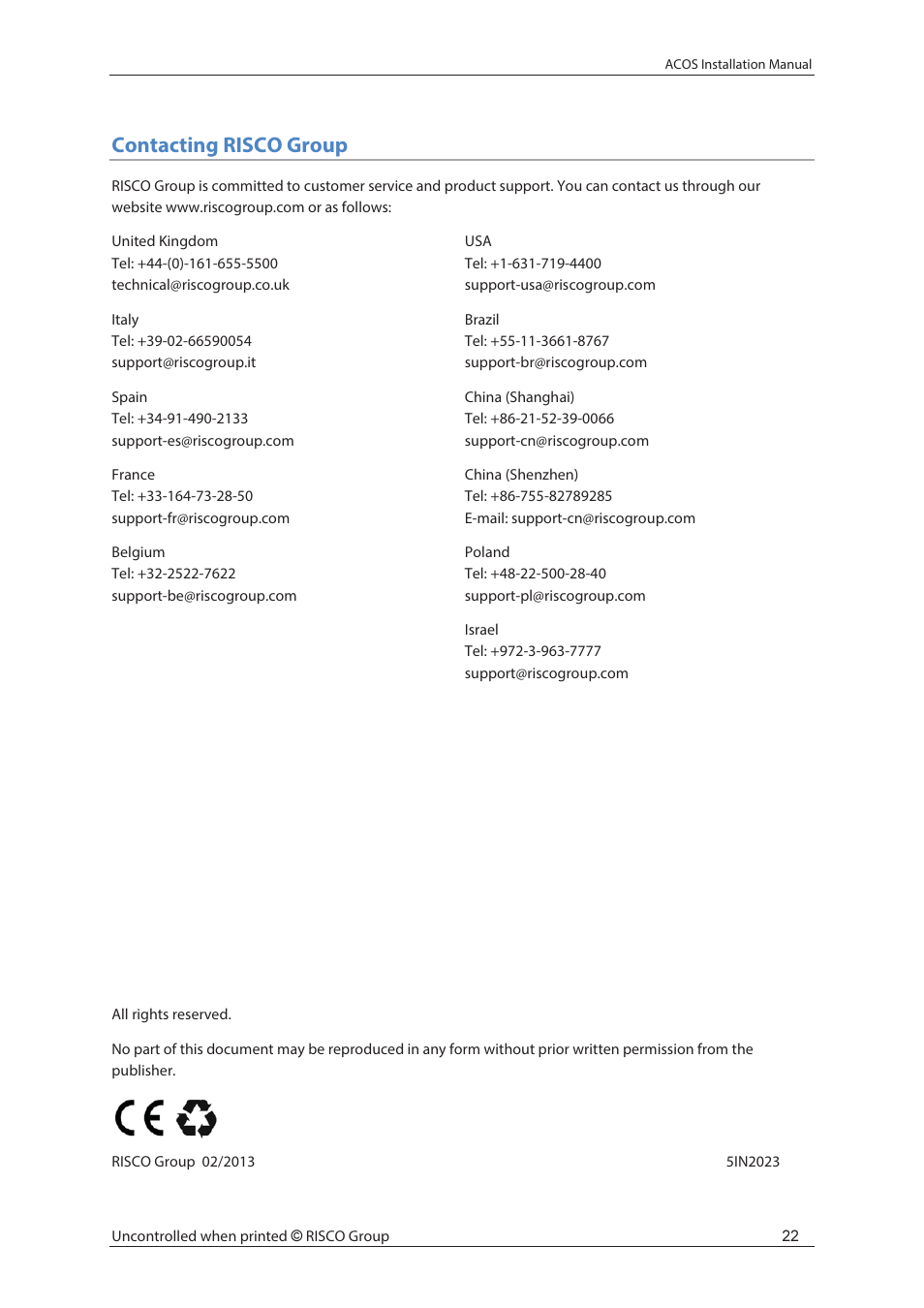 Contacting risco group | RISCO Group ACOS User Manual | Page 28 / 28