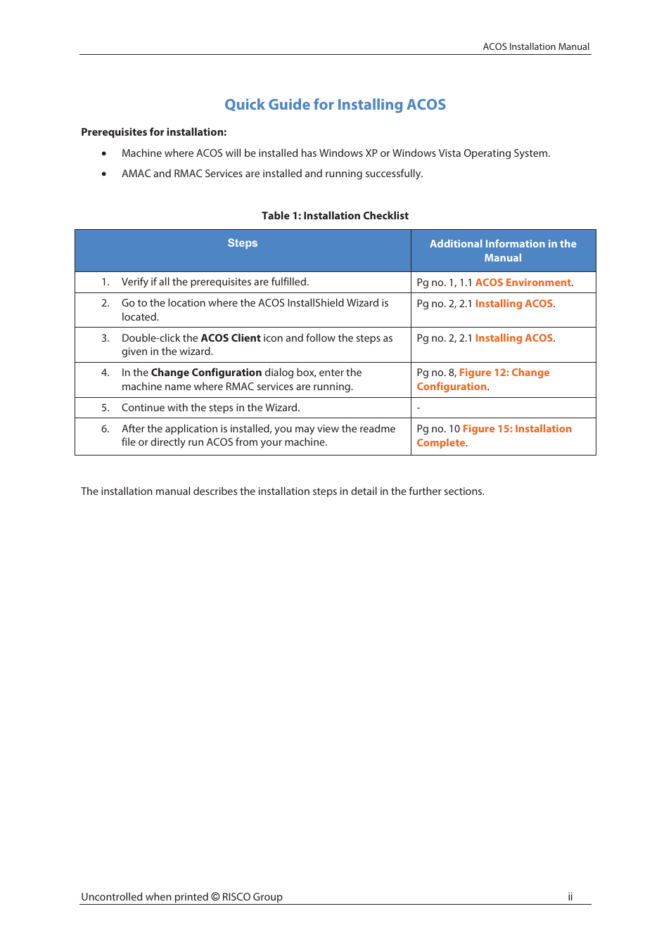 Quick guide for installing acos | RISCO Group ACOS User Manual | Page 3 / 28
