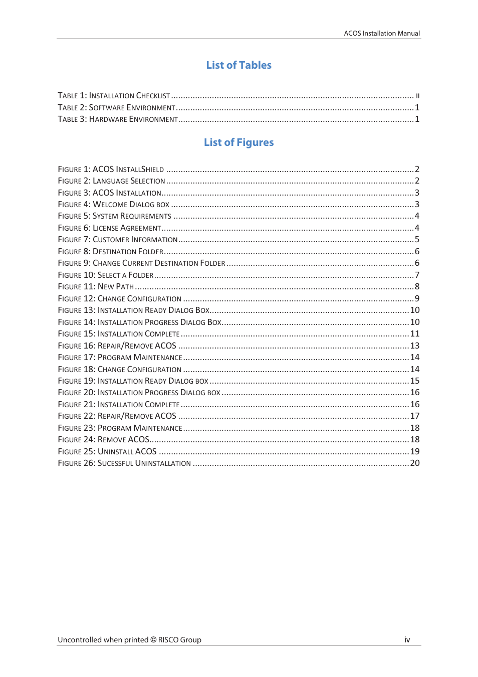 List of tables, List of figures | RISCO Group ACOS User Manual | Page 5 / 28