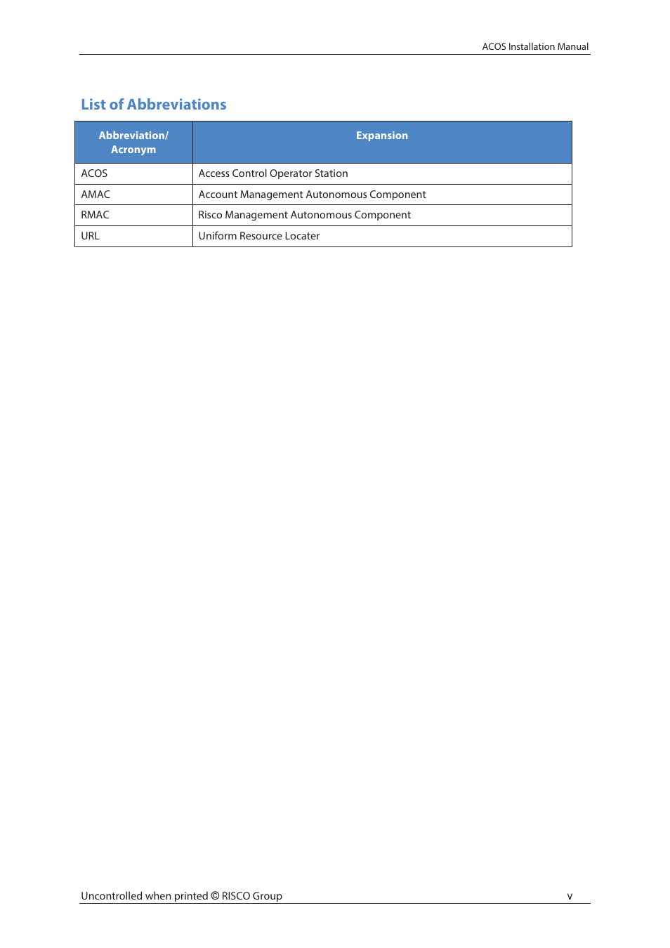 List of abbreviations | RISCO Group ACOS User Manual | Page 6 / 28