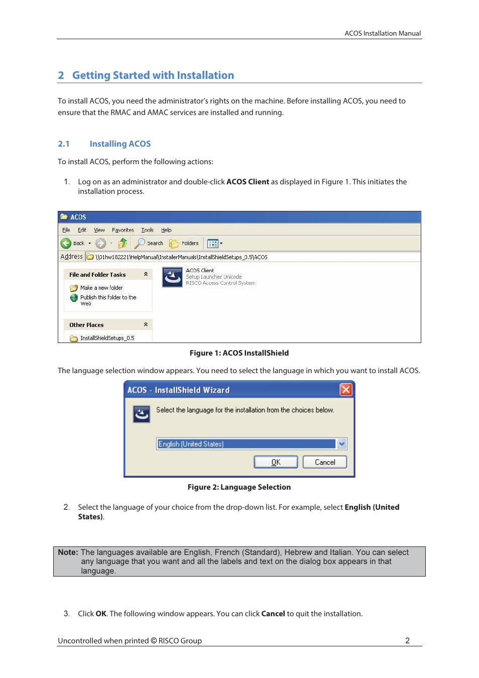 2getting started with installation | RISCO Group ACOS User Manual | Page 8 / 28