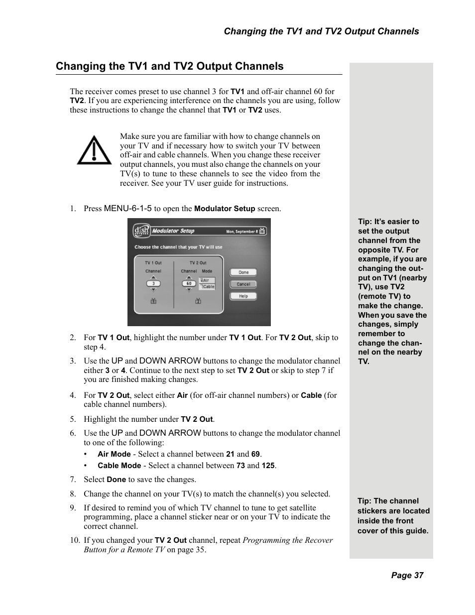 Changing the tv1 and tv2 output channels | Dish Network DISH 625 User Manual | Page 15 / 26