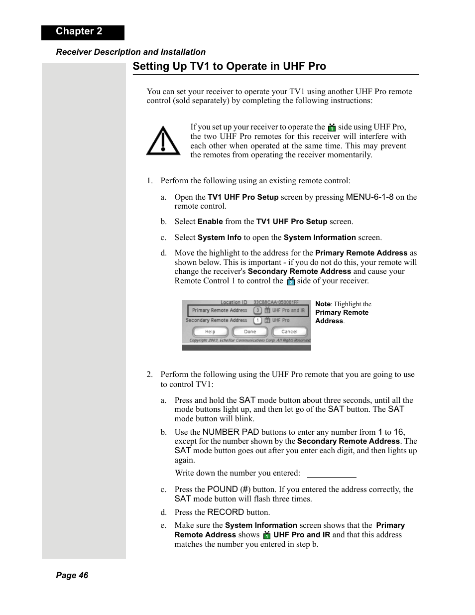 Setting up tv1 to operate in uhf pro, Chapter 2 | Dish Network DISH 625 User Manual | Page 24 / 26