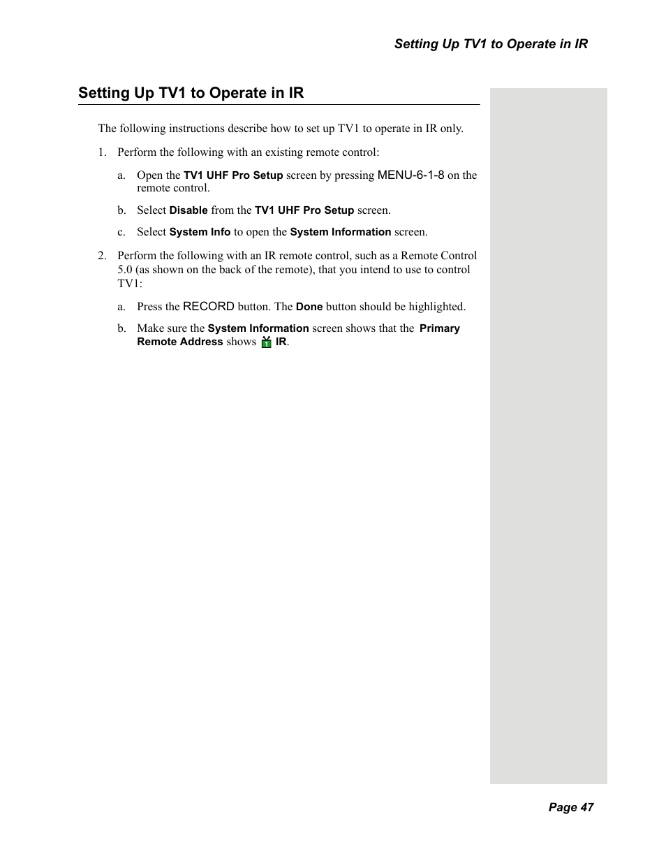 Setting up tv1 to operate in ir | Dish Network DISH 625 User Manual | Page 25 / 26