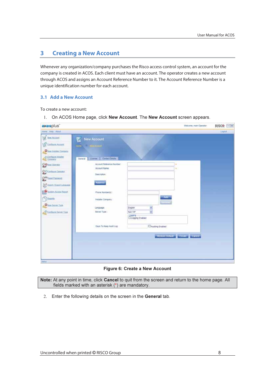 3creating a new account | RISCO Group ACOS User Manual | Page 16 / 88