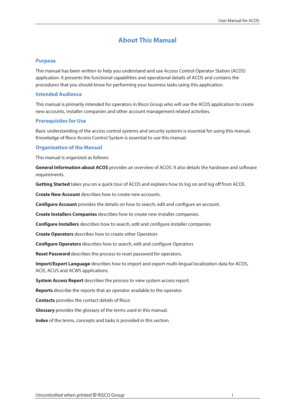 About this manual | RISCO Group ACOS User Manual | Page 2 / 88