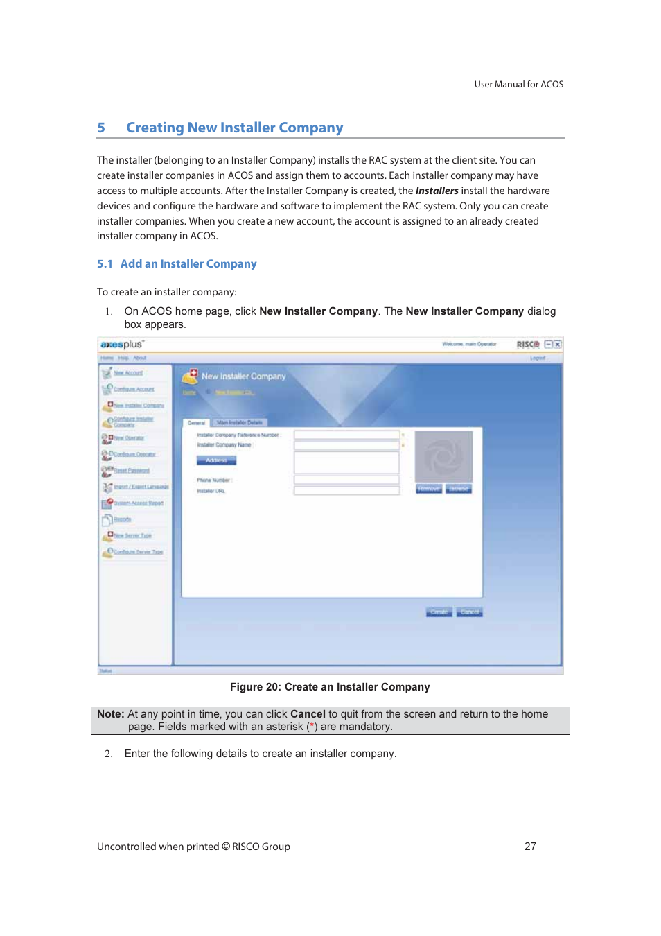 5creating new installer company | RISCO Group ACOS User Manual | Page 35 / 88