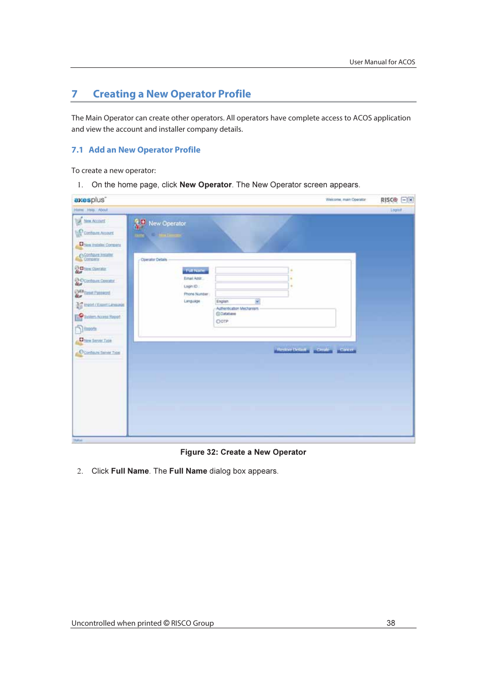 7creating a new operator profile | RISCO Group ACOS User Manual | Page 46 / 88