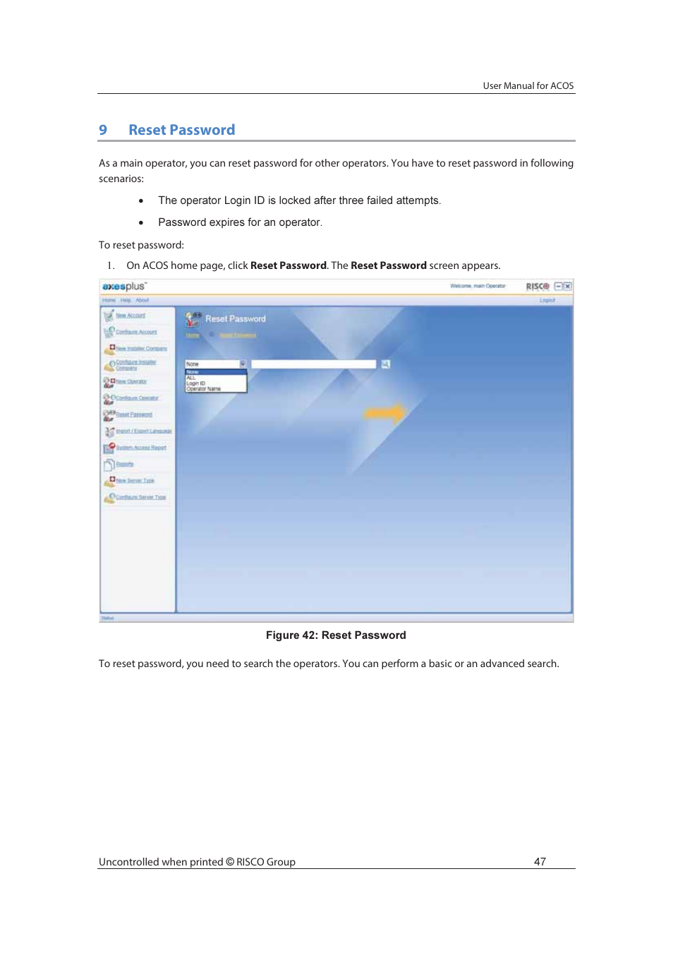 9reset password | RISCO Group ACOS User Manual | Page 55 / 88