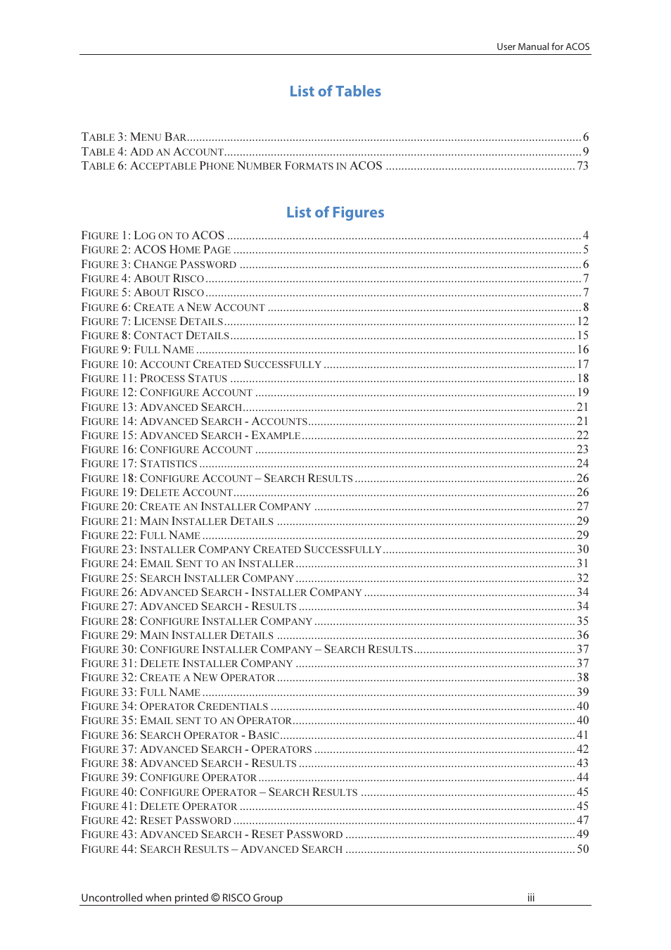 List of tables, List of figures | RISCO Group ACOS User Manual | Page 6 / 88