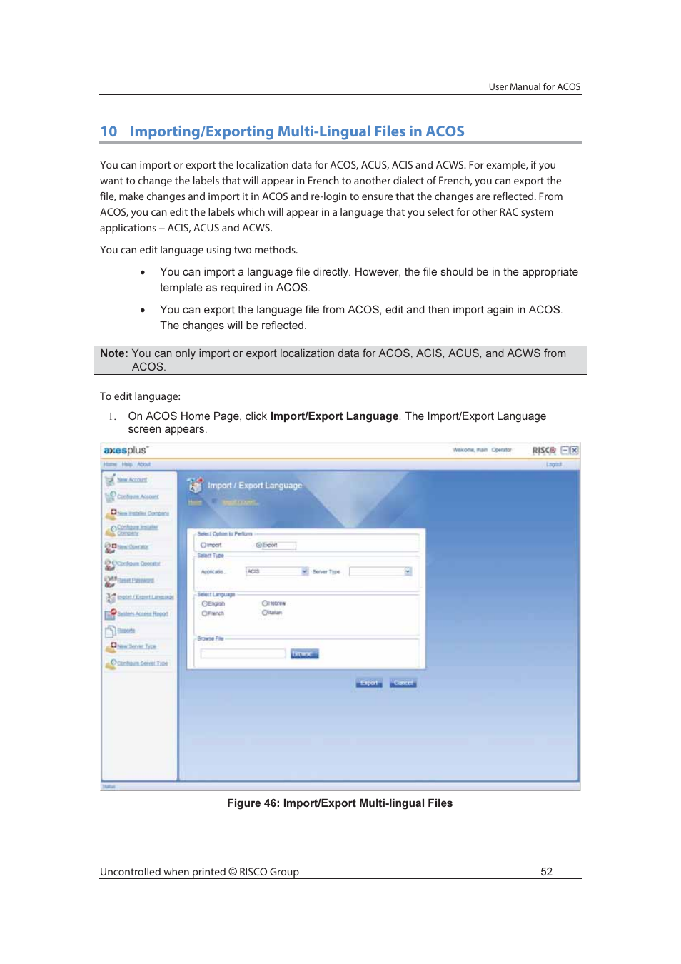 10 importing/exporting multi-lingual files in acos | RISCO Group ACOS User Manual | Page 60 / 88