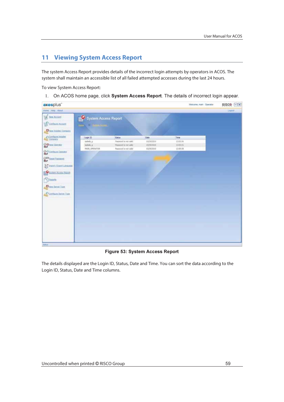 11 viewing system access report | RISCO Group ACOS User Manual | Page 67 / 88