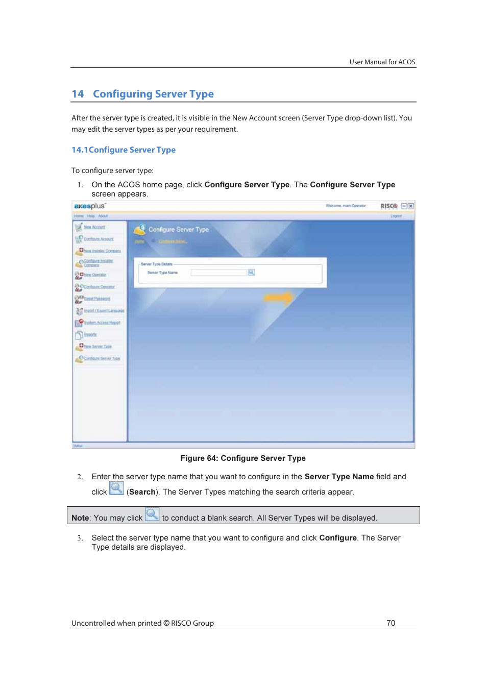 14 configuring server type | RISCO Group ACOS User Manual | Page 78 / 88