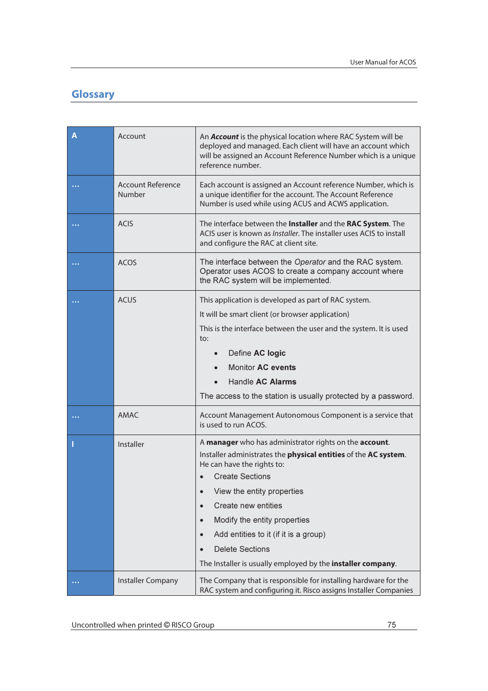 Glossary | RISCO Group ACOS User Manual | Page 83 / 88