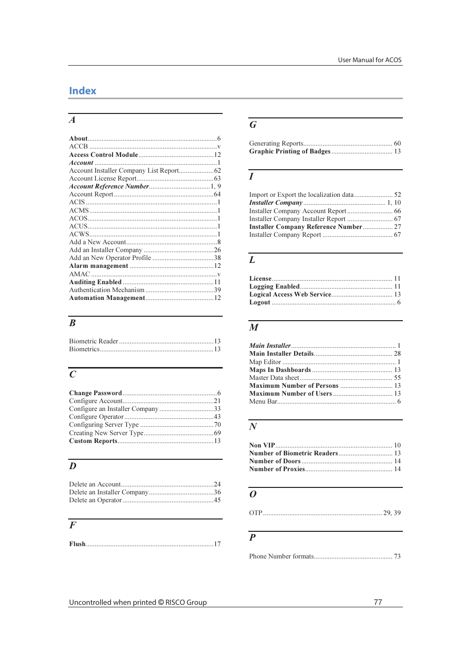 Index | RISCO Group ACOS User Manual | Page 85 / 88