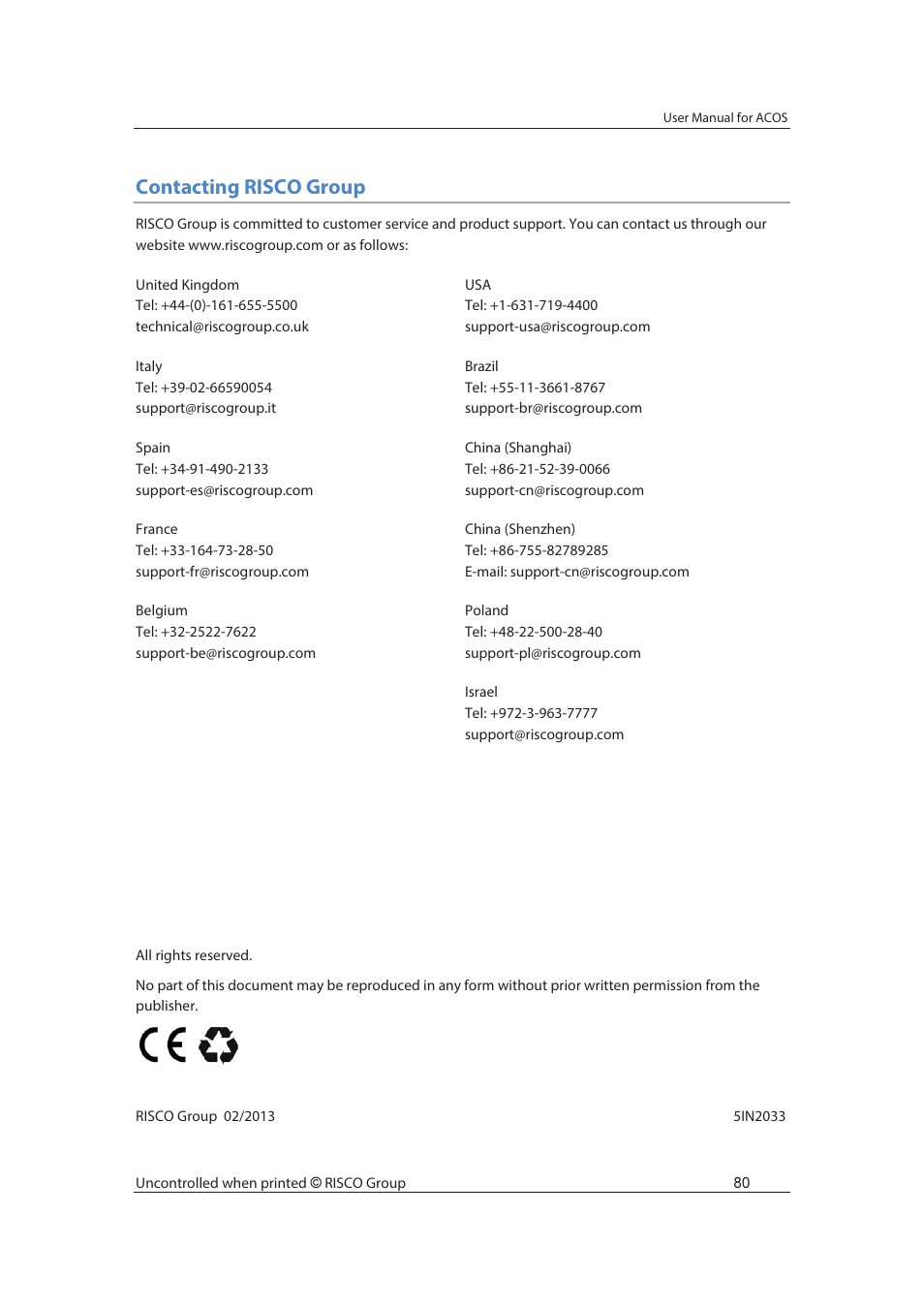 Contacting risco group | RISCO Group ACOS User Manual | Page 88 / 88