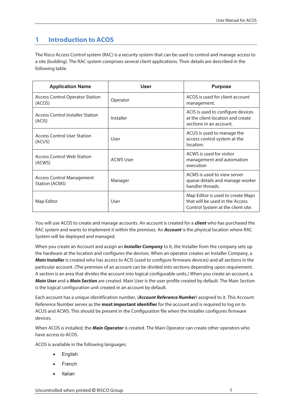 1introduction to acos | RISCO Group ACOS User Manual | Page 9 / 88