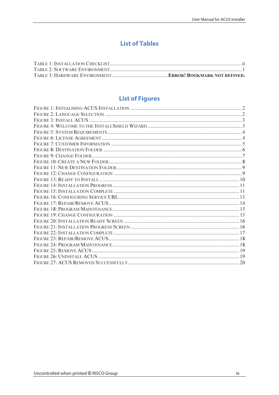 List of tables, List of figures | RISCO Group ACUS User Manual | Page 5 / 28