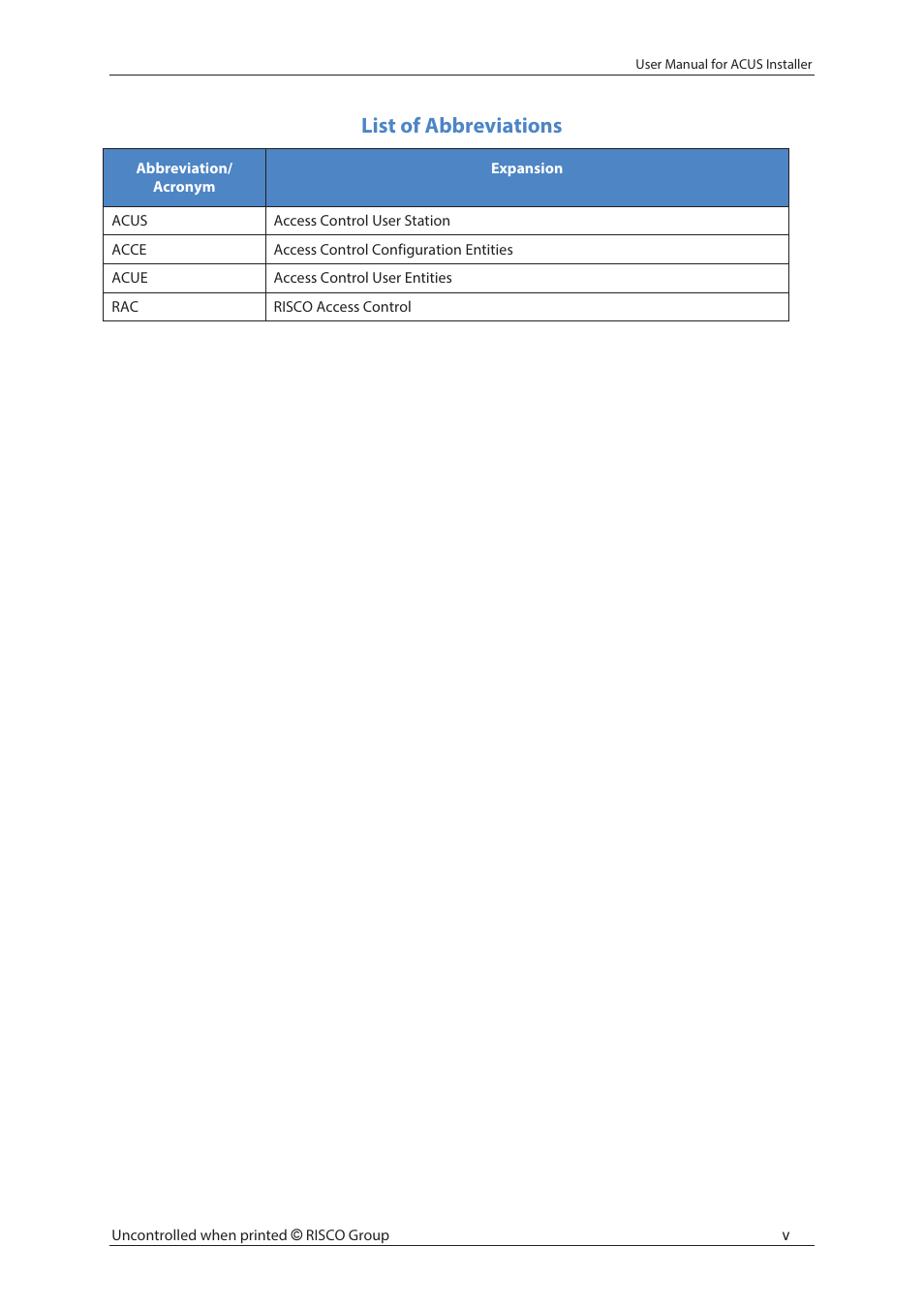 List of abbreviations | RISCO Group ACUS User Manual | Page 6 / 28