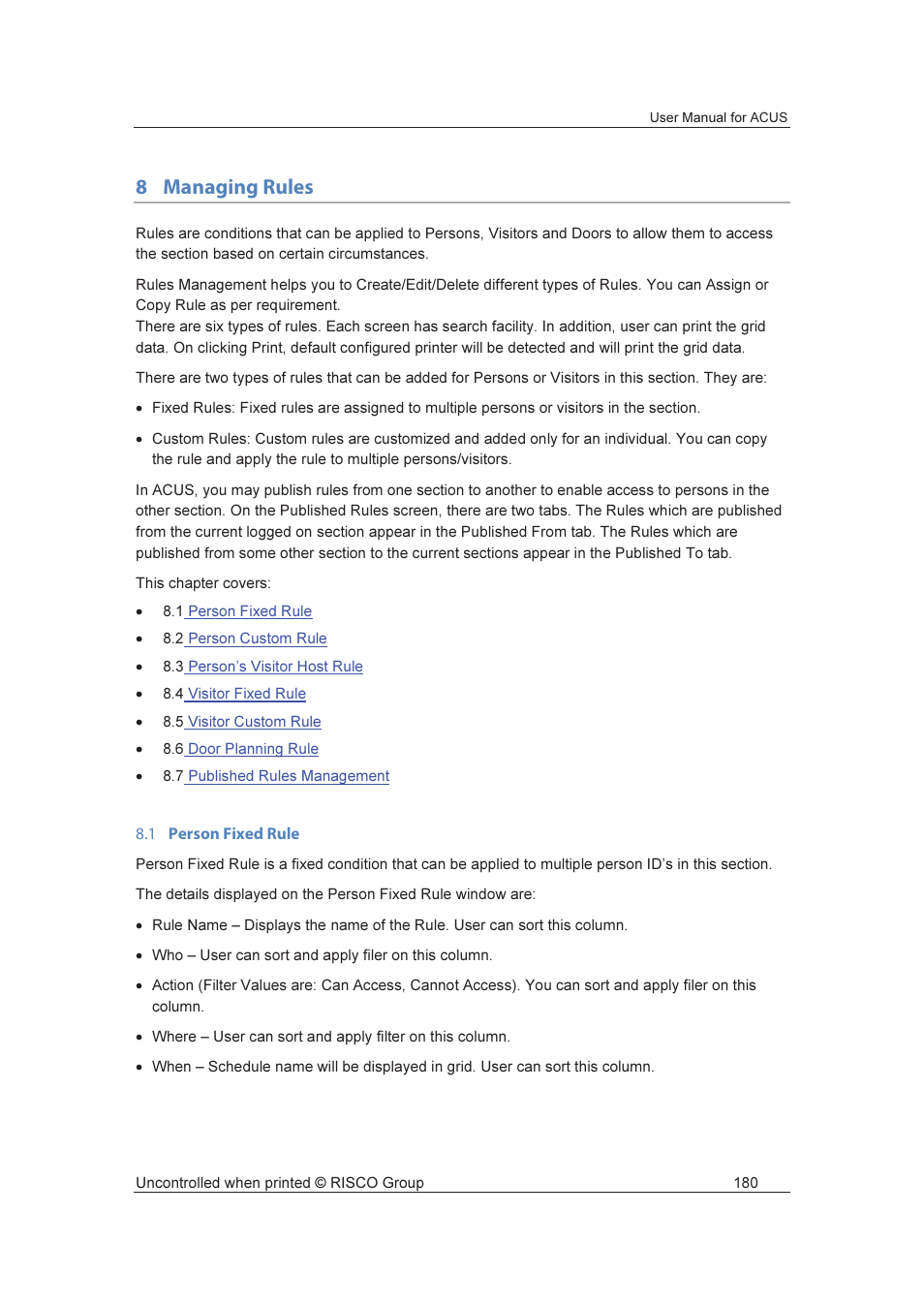 8managing rules | RISCO Group ACUS User Manual | Page 208 / 525