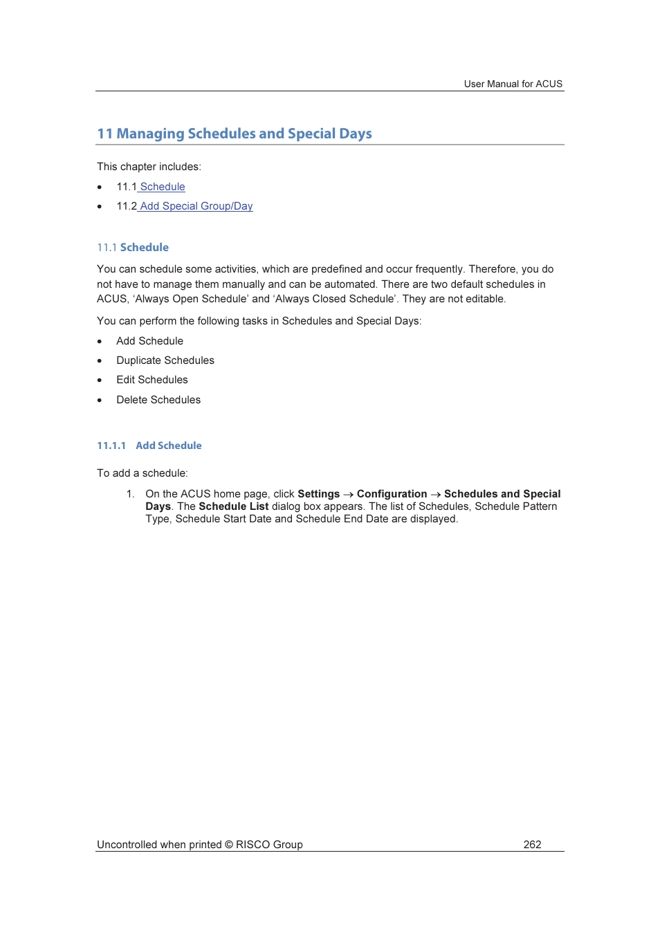 11 managing schedules and special days | RISCO Group ACUS User Manual | Page 290 / 525