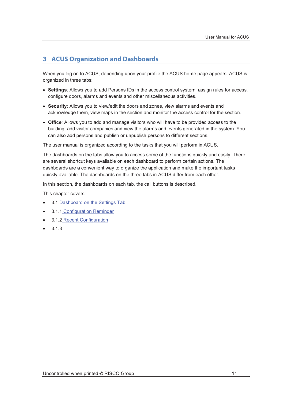 3acus organization and dashboards | RISCO Group ACUS User Manual | Page 39 / 525