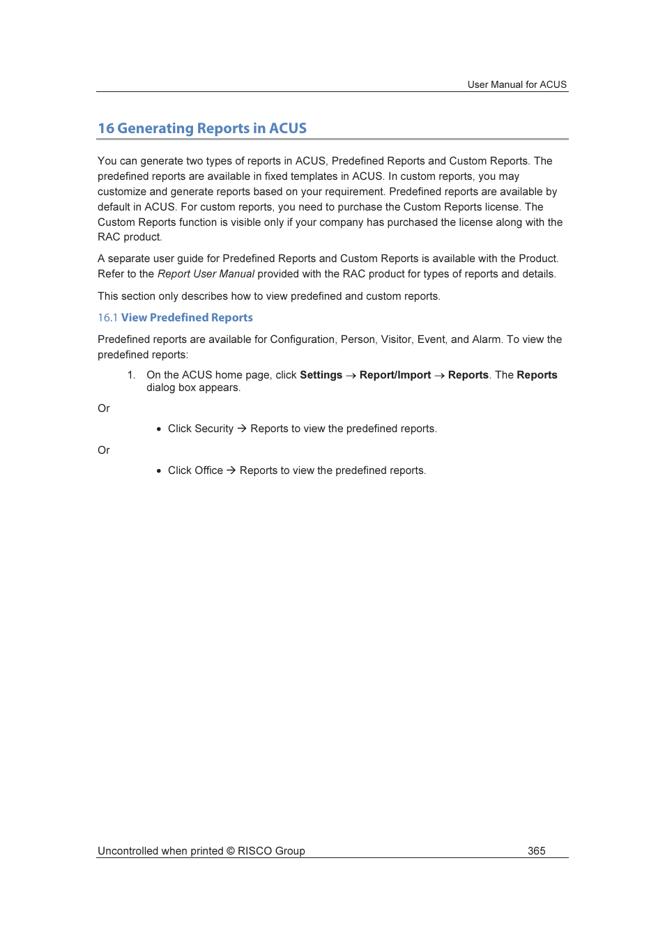 16 generating reports in acus | RISCO Group ACUS User Manual | Page 393 / 525