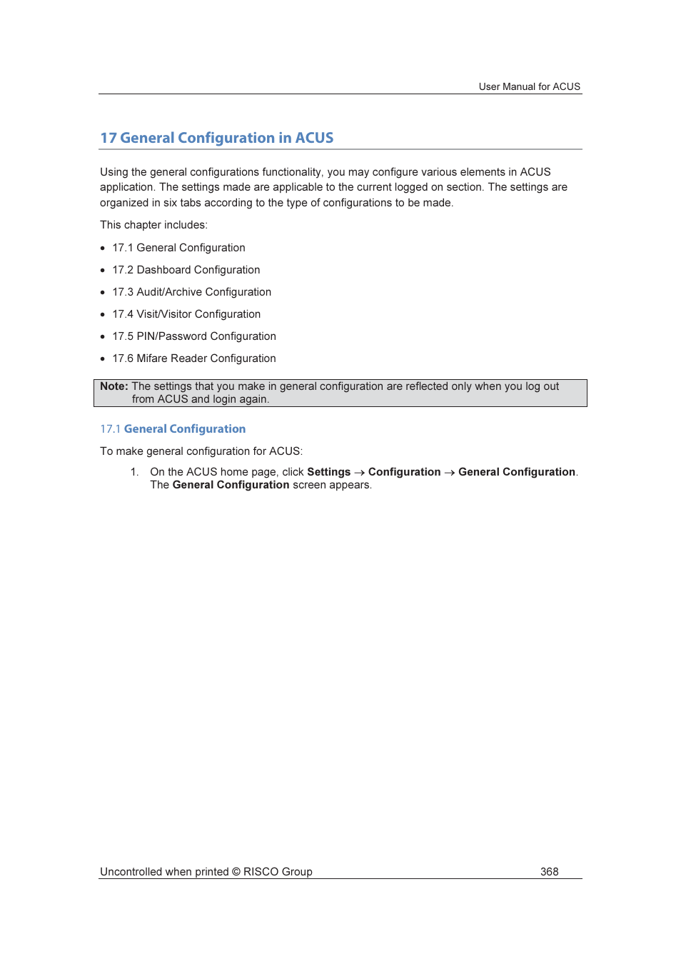 17 general configuration in acus | RISCO Group ACUS User Manual | Page 396 / 525