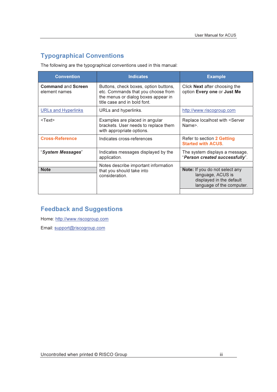 Typographical conventions, Feedback and suggestions | RISCO Group ACUS User Manual | Page 4 / 525