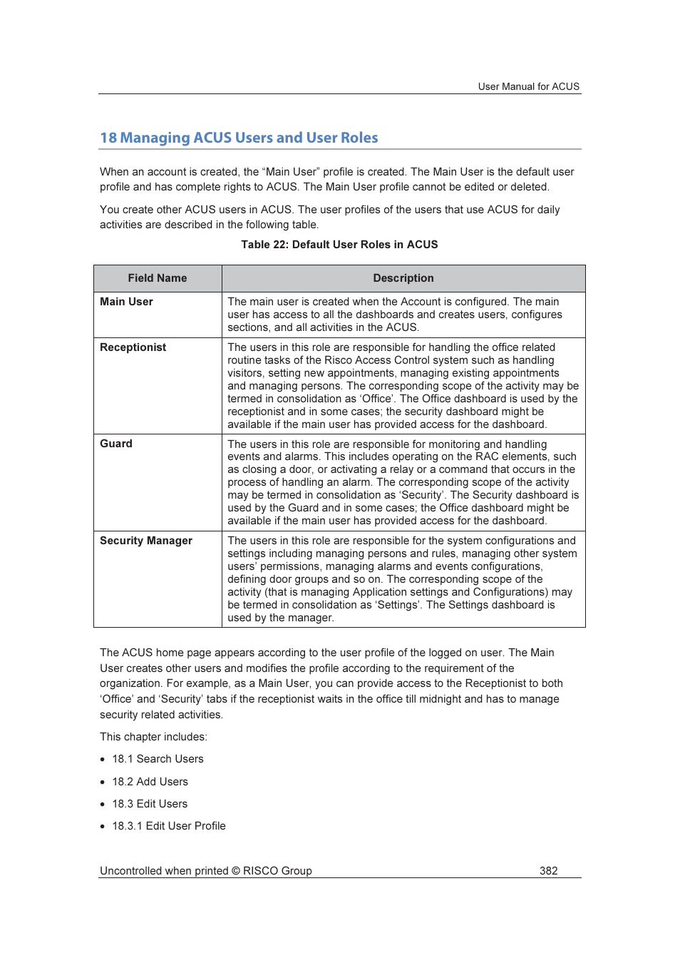 18 managing acus users and user roles | RISCO Group ACUS User Manual | Page 410 / 525