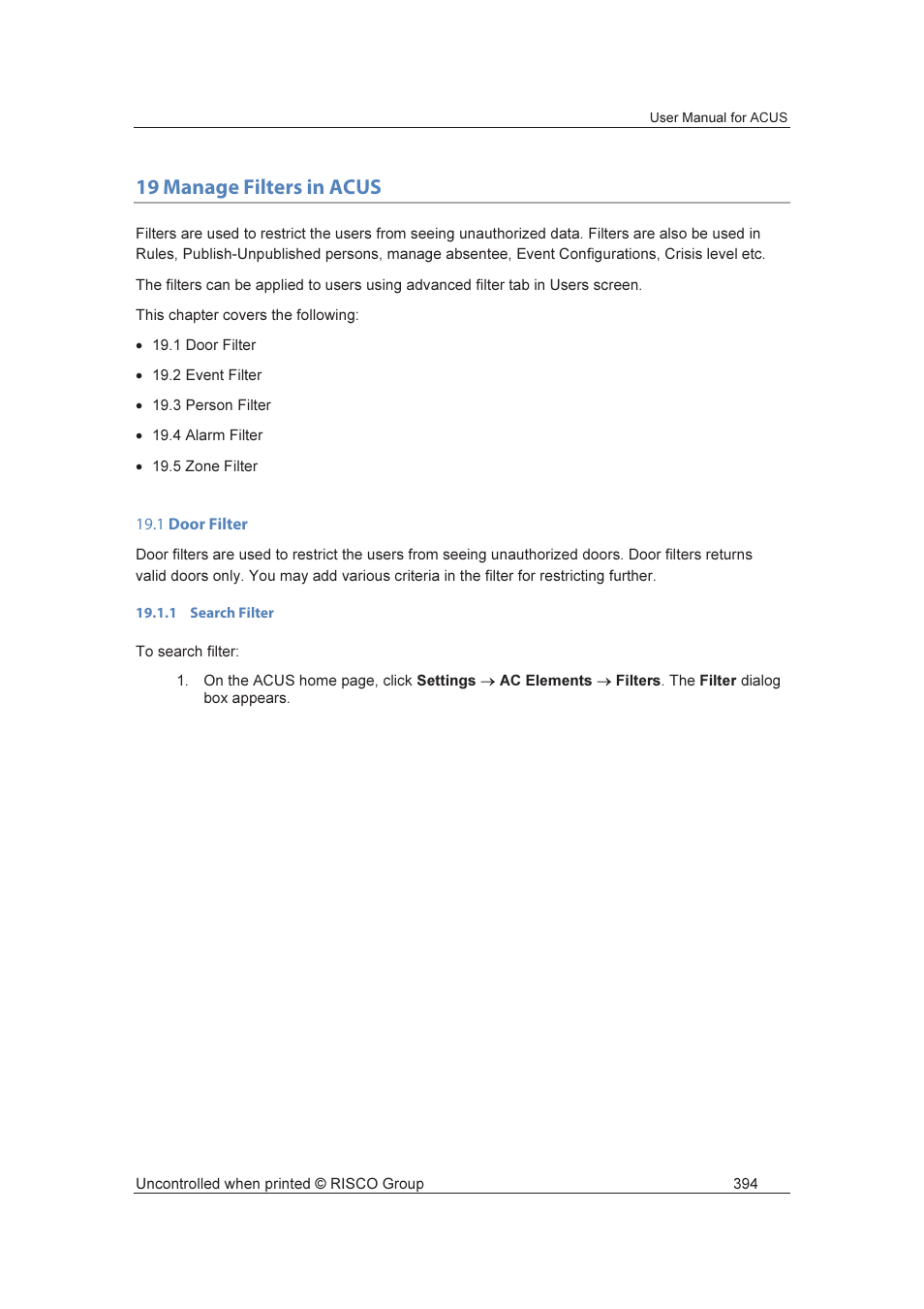 19 manage filters in acus | RISCO Group ACUS User Manual | Page 422 / 525