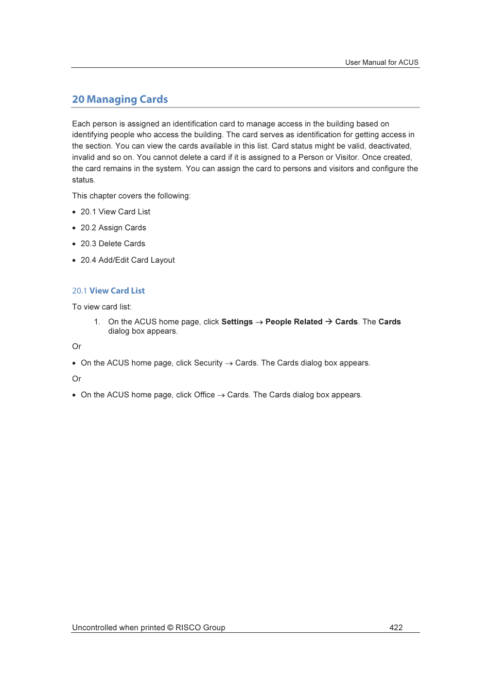 20 managing cards | RISCO Group ACUS User Manual | Page 450 / 525