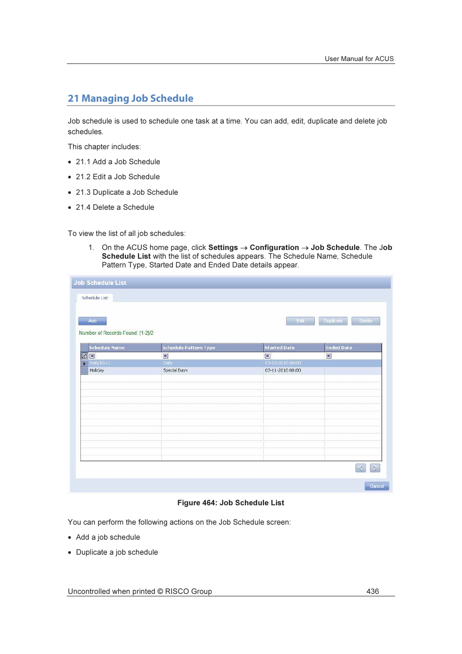 21 managing job schedule | RISCO Group ACUS User Manual | Page 464 / 525