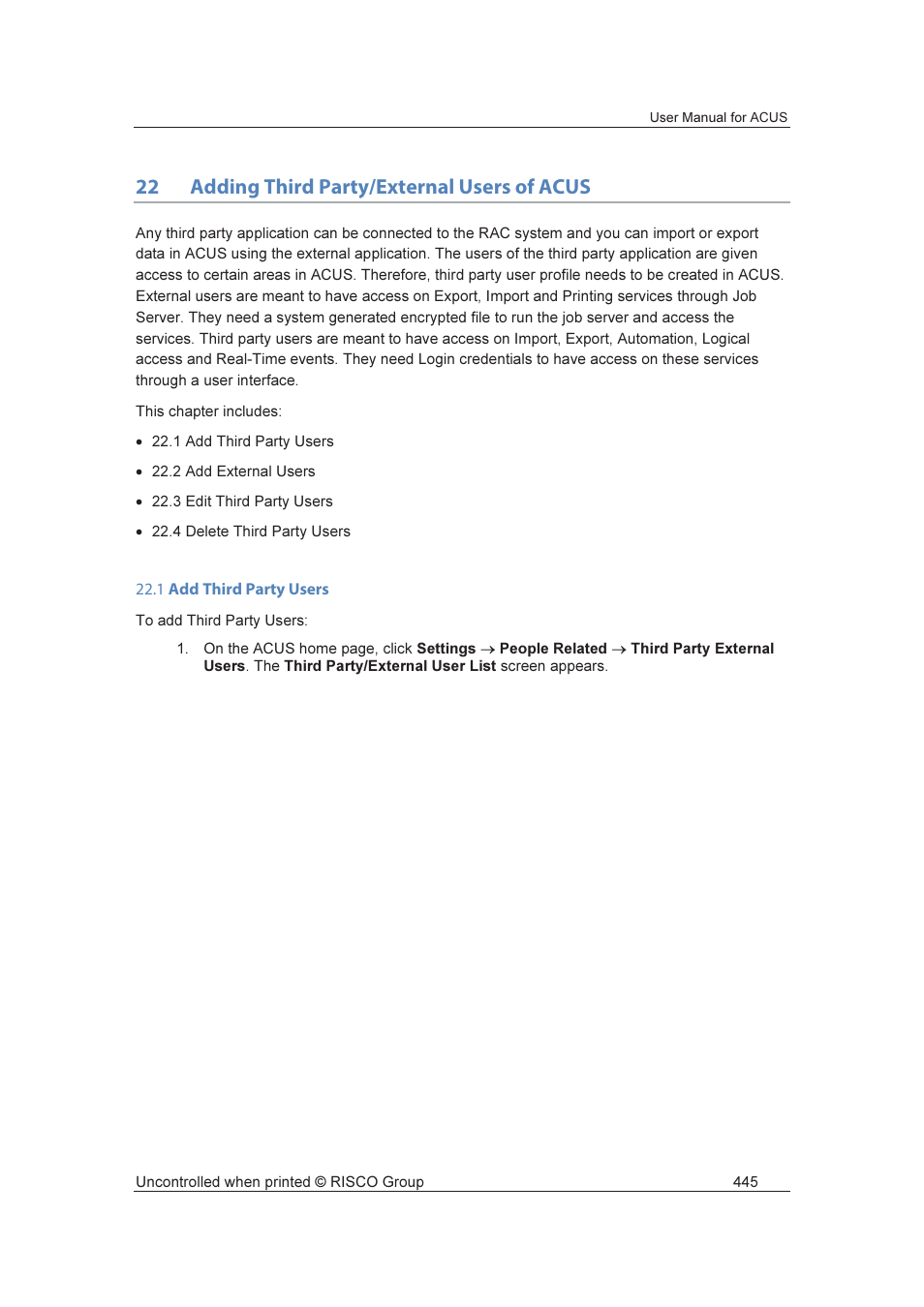 22 adding third party/external users of acus | RISCO Group ACUS User Manual | Page 473 / 525