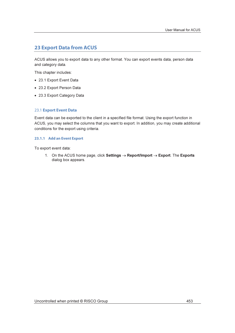 23 export data from acus | RISCO Group ACUS User Manual | Page 481 / 525