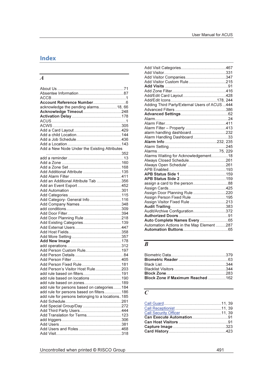 Index | RISCO Group ACUS User Manual | Page 519 / 525
