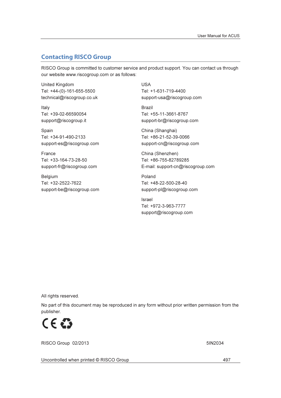 Contacting risco group | RISCO Group ACUS User Manual | Page 525 / 525