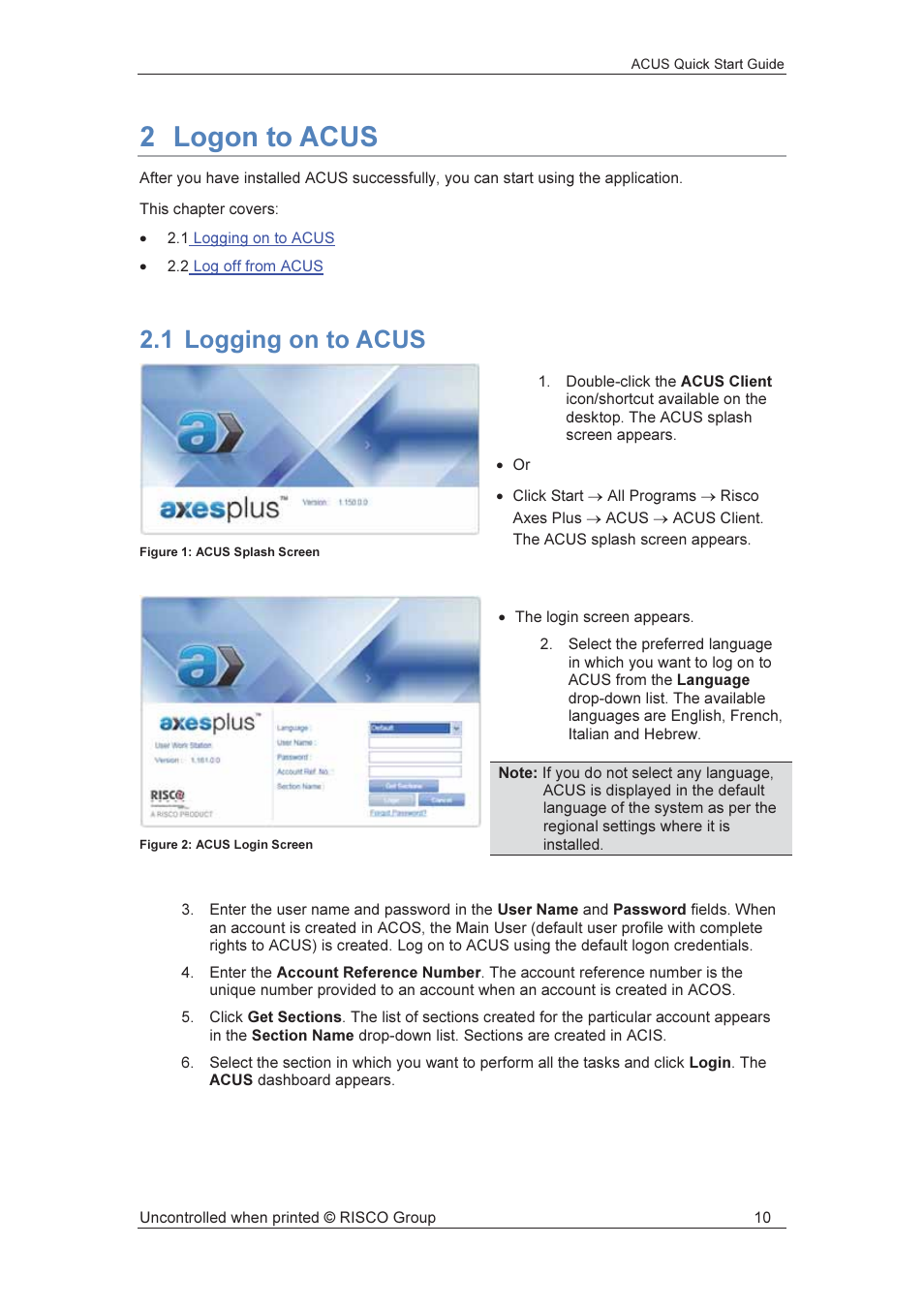 2 logon to acus, 1 logging on to acus | RISCO Group ACUS User Manual | Page 11 / 56