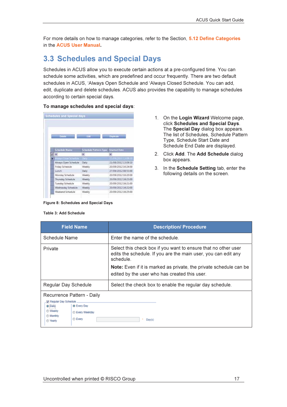 3 schedules and special days | RISCO Group ACUS User Manual | Page 18 / 56