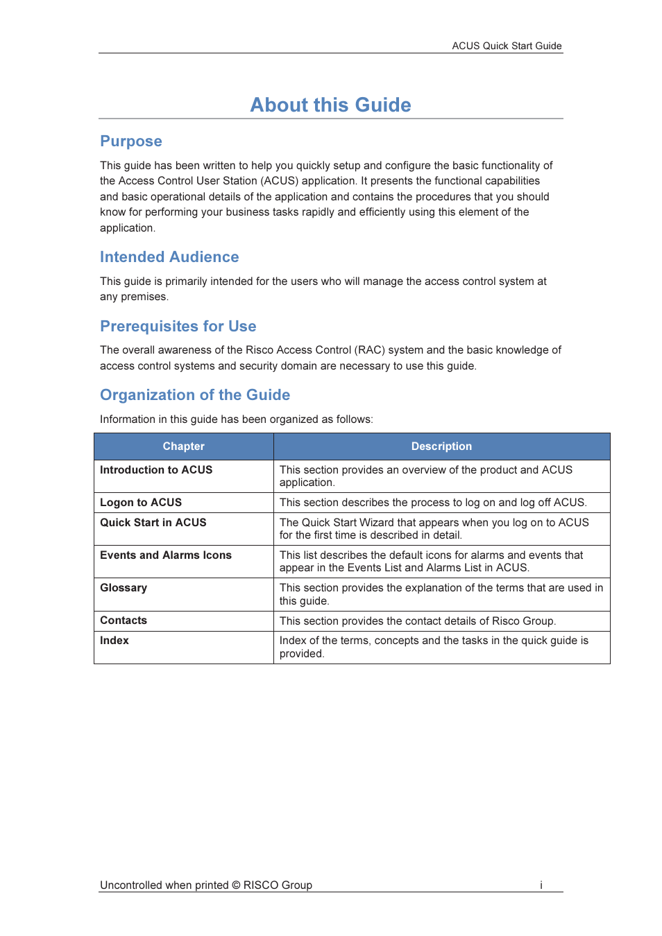 About this guide, Purpose, Intended audience | Prerequisites for use, Organization of the guide | RISCO Group ACUS User Manual | Page 2 / 56