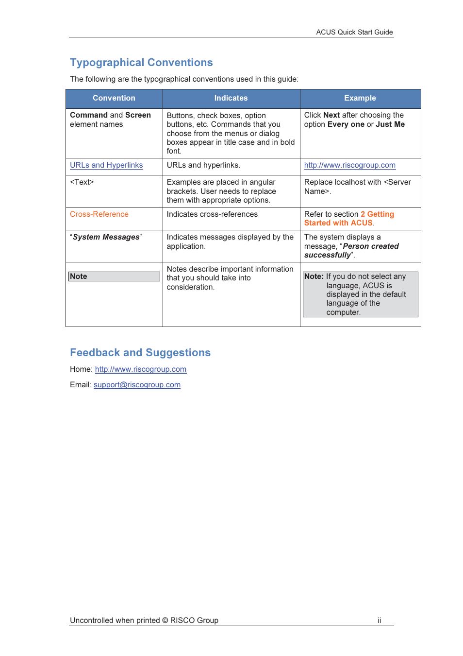 Typographical conventions, Feedback and suggestions | RISCO Group ACUS User Manual | Page 3 / 56