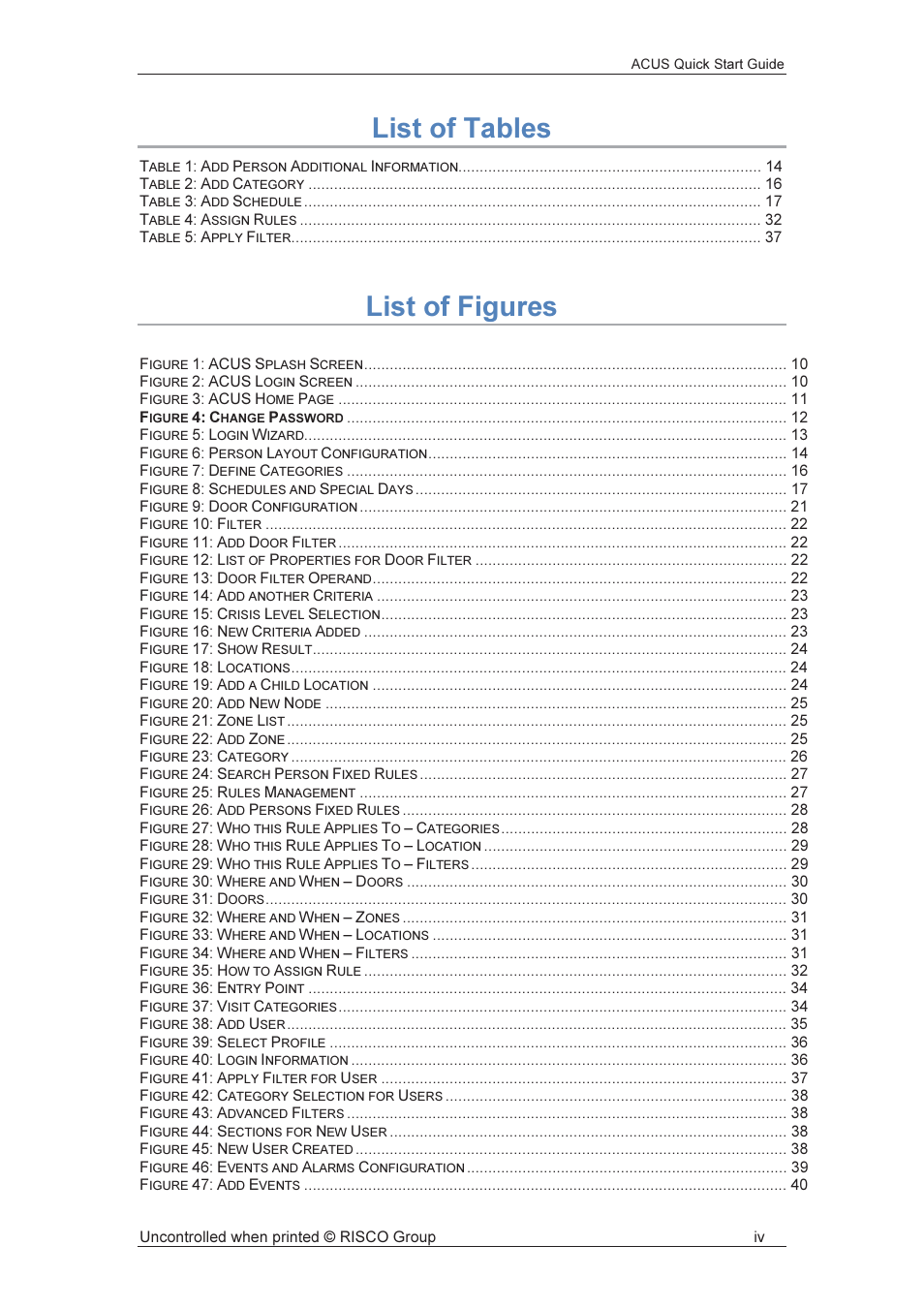 List of tables, List of figures | RISCO Group ACUS User Manual | Page 5 / 56