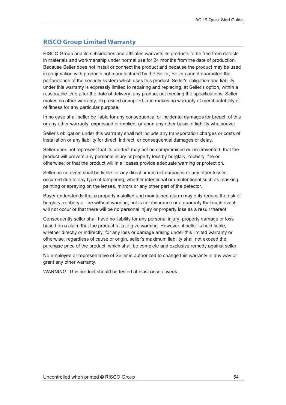 Risco group limited warranty | RISCO Group ACUS User Manual | Page 55 / 56