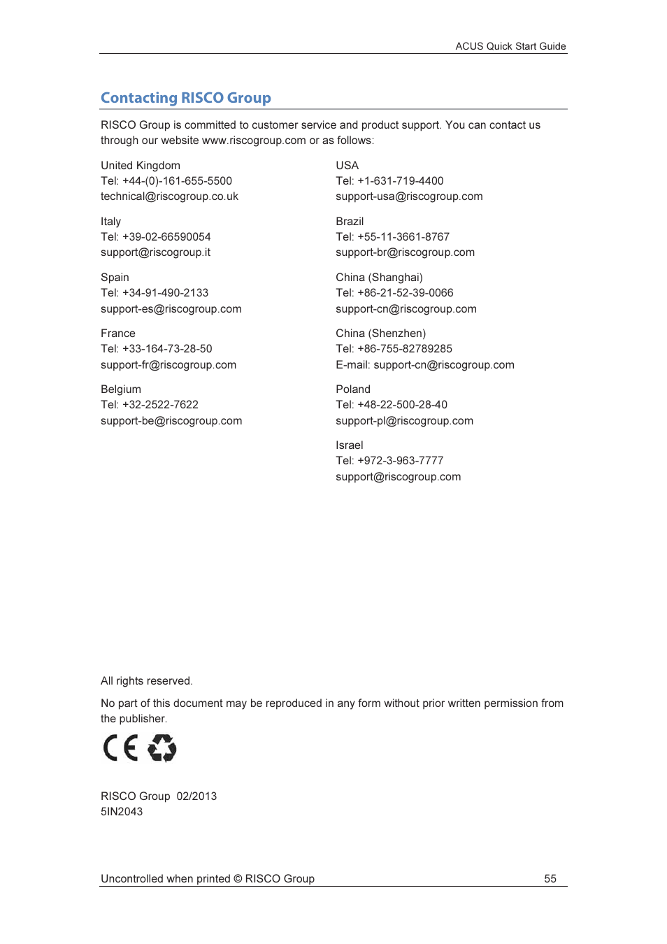 Contacting risco group | RISCO Group ACUS User Manual | Page 56 / 56