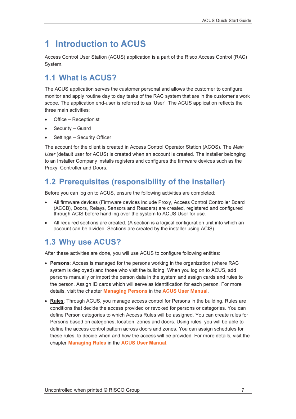 1 introduction to acus, 1 what is acus, 2 prerequisites (responsibility of the installer) | 3 why use acus | RISCO Group ACUS User Manual | Page 8 / 56