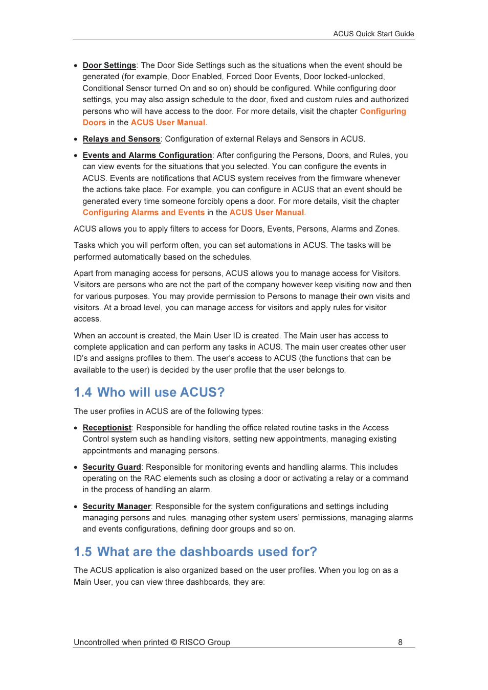 4 who will use acus, 5 what are the dashboards used for | RISCO Group ACUS User Manual | Page 9 / 56