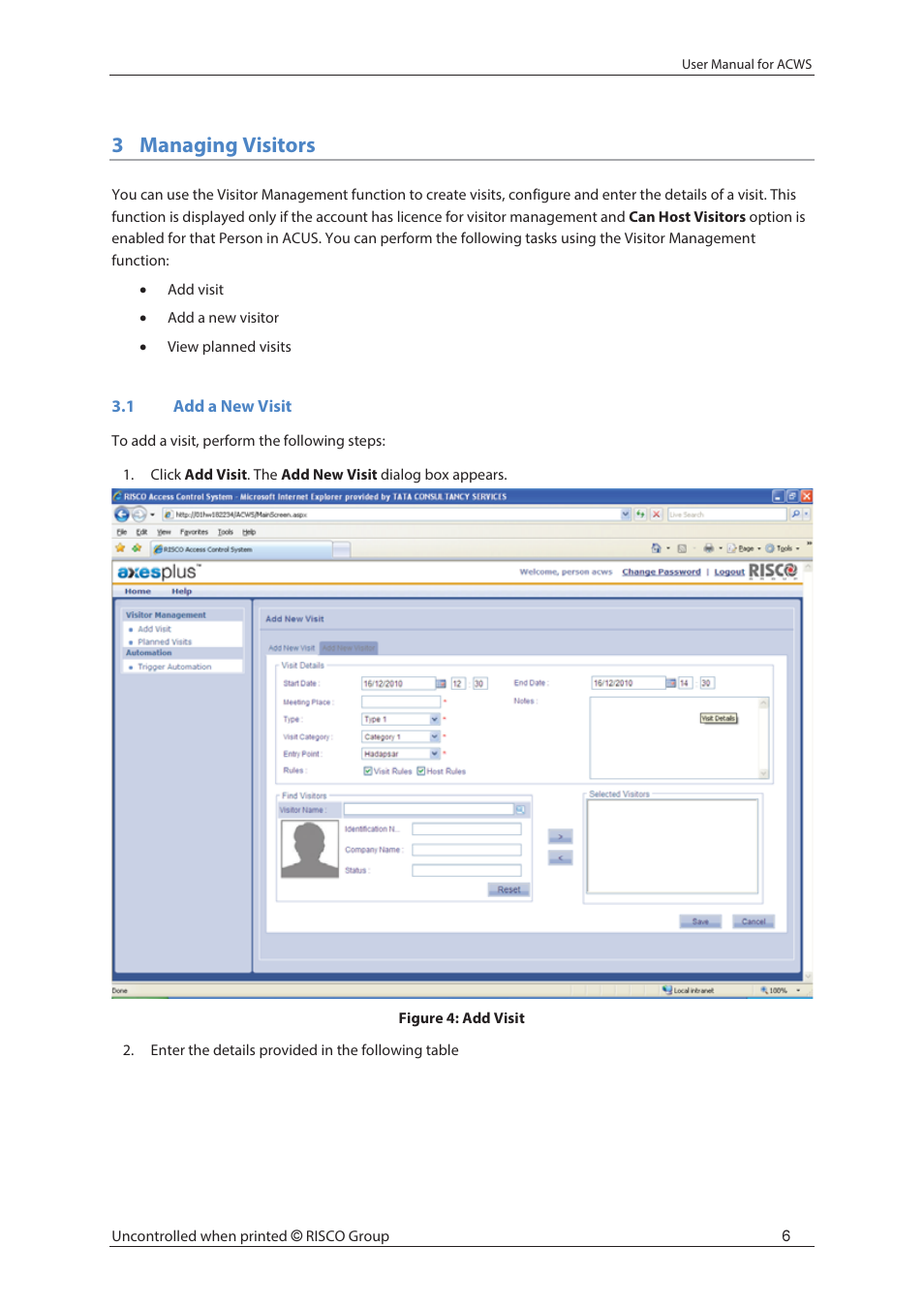 3managing visitors | RISCO Group ACWS User Manual | Page 12 / 36