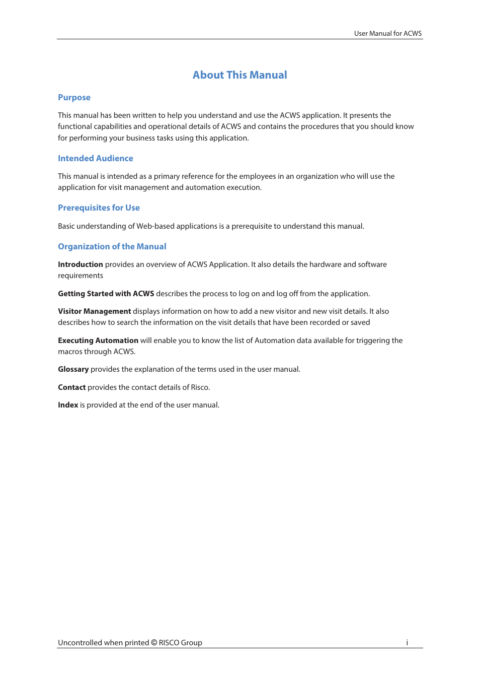 About this manual | RISCO Group ACWS User Manual | Page 2 / 36