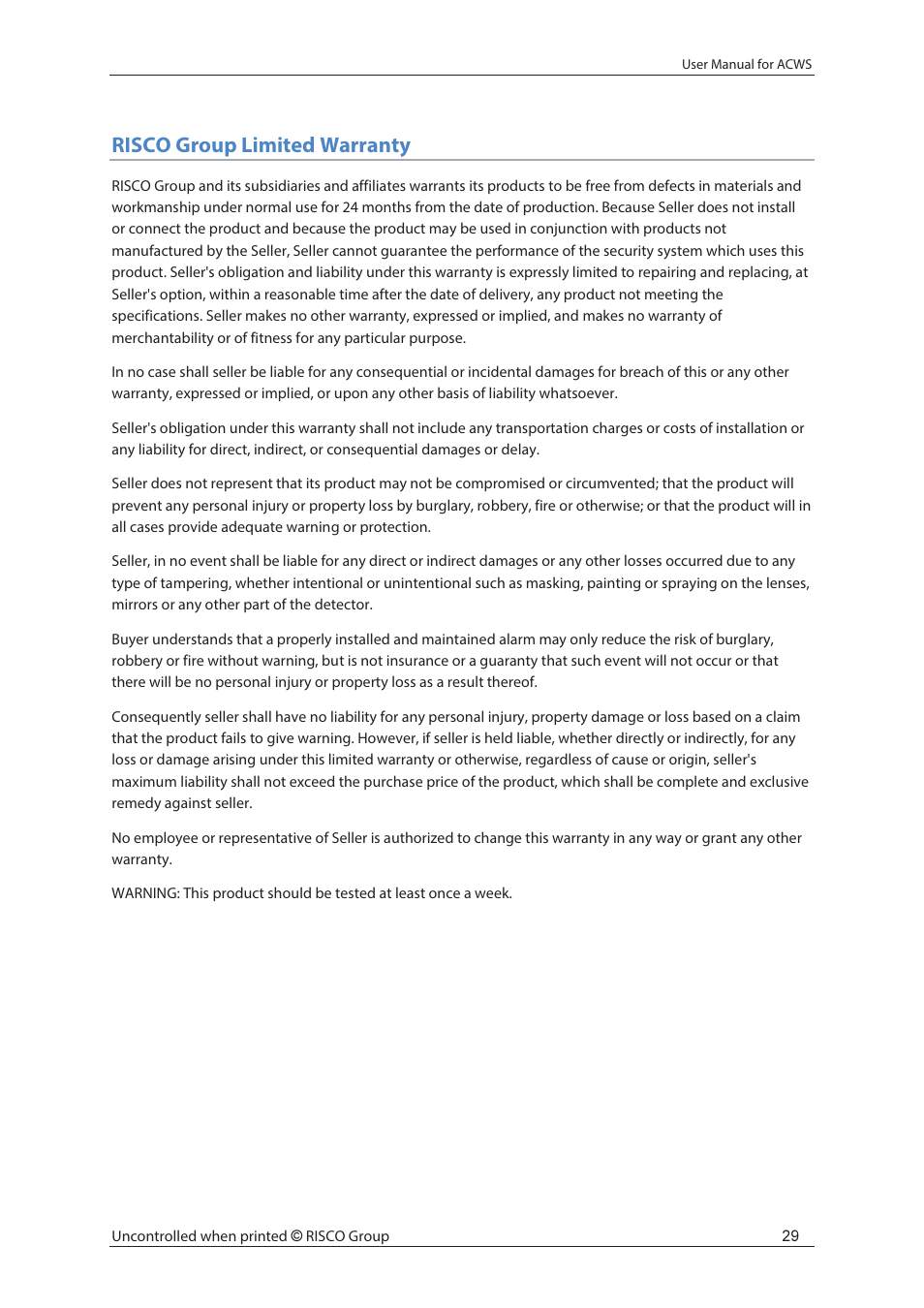 Risco group limited warranty | RISCO Group ACWS User Manual | Page 35 / 36