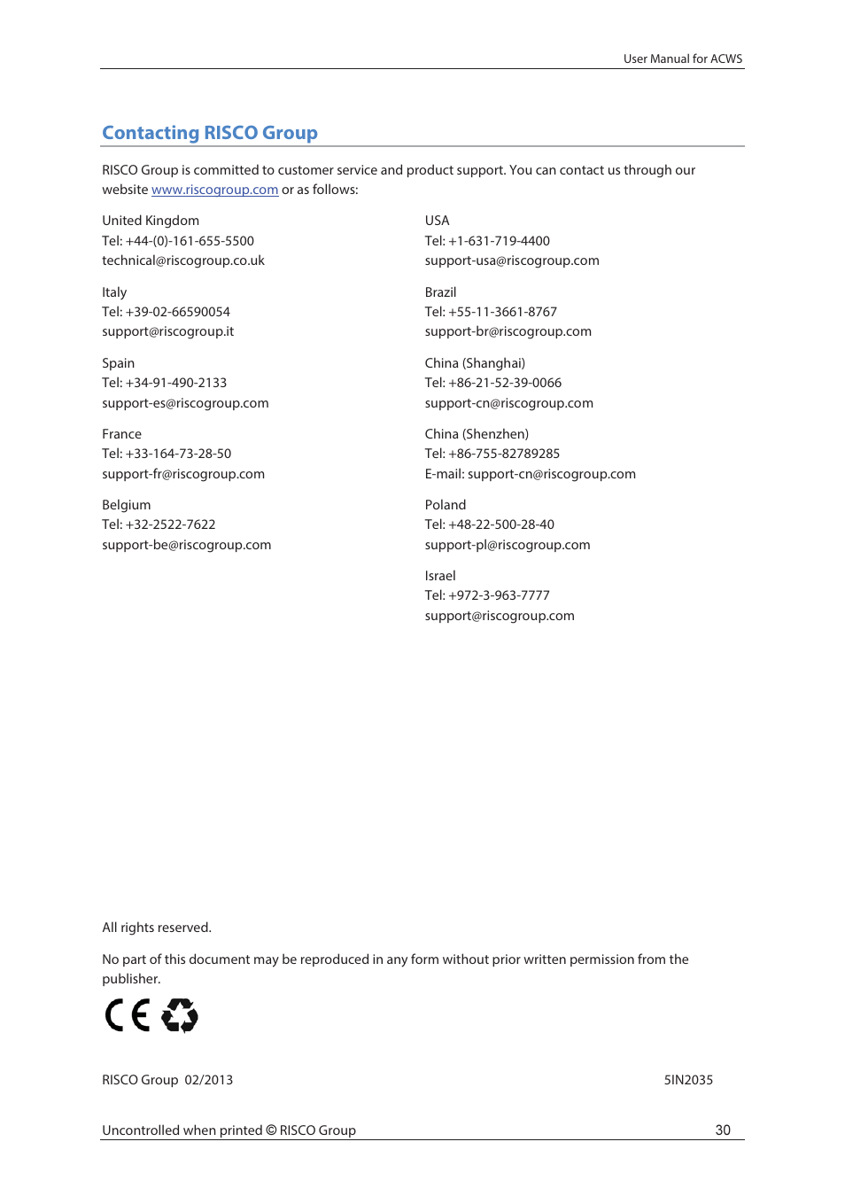 Contacting risco group | RISCO Group ACWS User Manual | Page 36 / 36